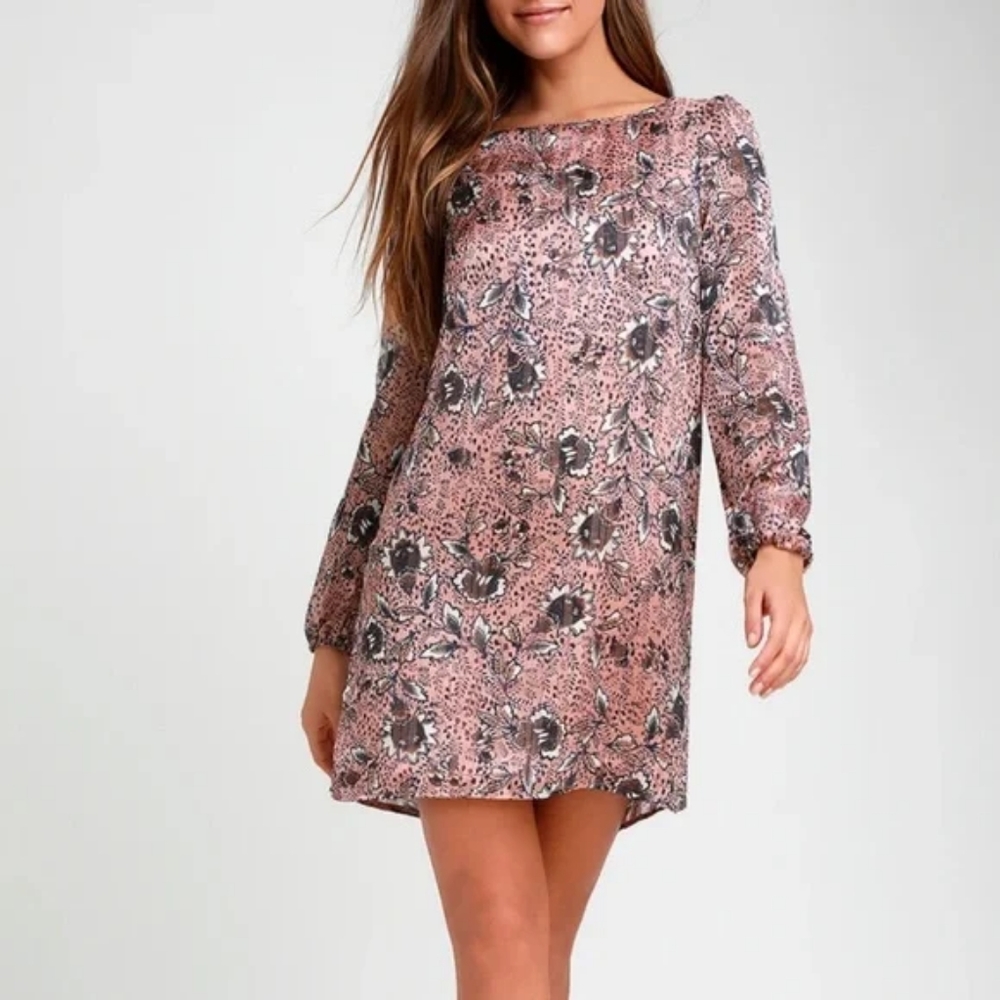 Lulus Ashford Blush Pink Floral Print Long Sleeve Shift Dress Size Small